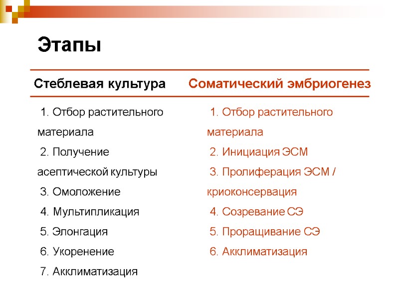 Этапы  1. Отбор растительного материала  2. Получение асептической культуры  3. Омоложение